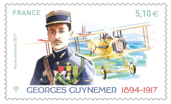 France. Georges Guynemer, poste aérienne, 11 septembre 2017 (dessin de Jame’s Prunier, gravure de Marie-Noëlle Goffin, impression offset / taille-douce) (© La Poste / J. Prunier / MN. Goffin)