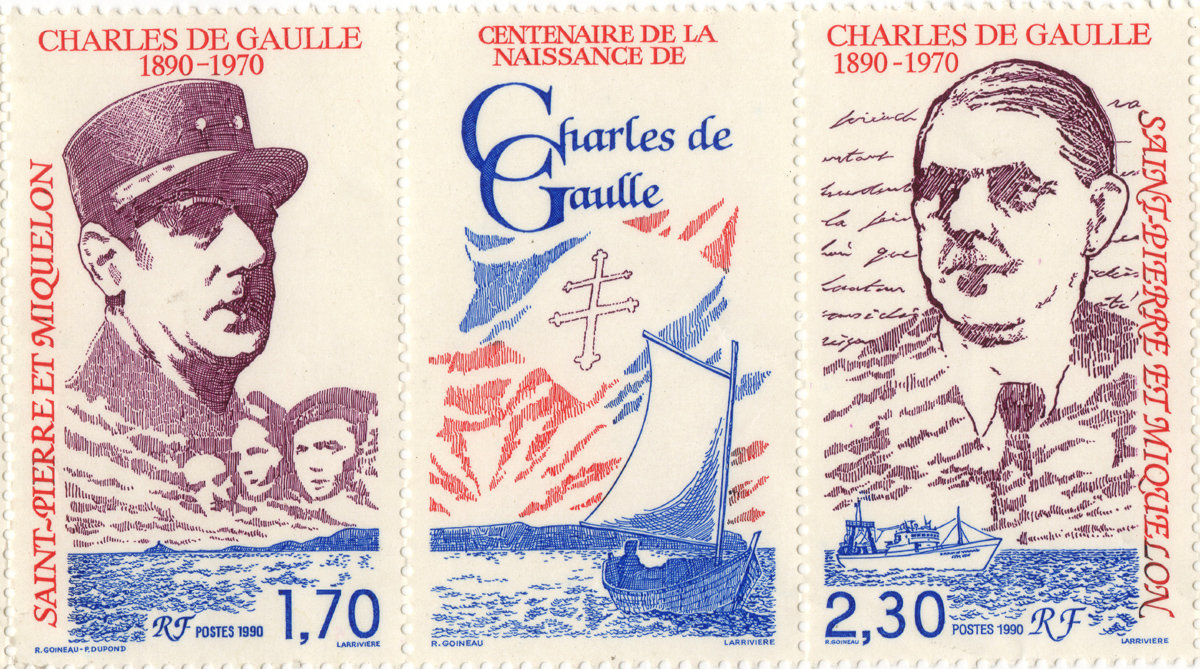 Saint-Pierre et Miquelon. Centenaire de Charles de Gaulle, 1990 (création de Raphaële Goineau, gravure de Jacky Larrivière, impression taille-douce) (© St Pierre et Miquelon La Poste / R. Goineau / J. Larrivière)