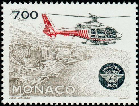 Monaco : 50ème anniversaire de l’OACI, 1994 (dessin de Jean-Paul Véret-Lemarinier, gravure de Claude Jumelet, impression taille-douce) (© Monaco OETP / JP. Véret-Lemarinier)