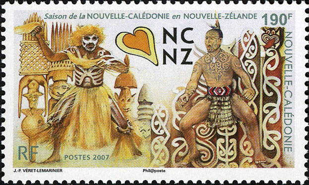 Nouvelle-Calédonie : Saison de Nouvelle-Calédonie en Nouvelle-Zélande. Danseur mélanésien et le haka d’un guerrier maori, 2007 (dessin de Jean-Paul Véret-Lemarinier, impression offset) (© Nouvelle-Calédonie OETP / JP. Véret-Lemarinier)