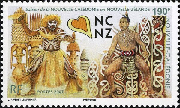 Nouvelle-Calédonie : Saison de Nouvelle-Calédonie en Nouvelle-Zélande. Danseur mélanésien et le haka d’un guerrier maori, 2007 (dessin de Jean-Paul Véret-Lemarinier, impression offset) (© Nouvelle-Calédonie OETP / JP. Véret-Lemarinier)