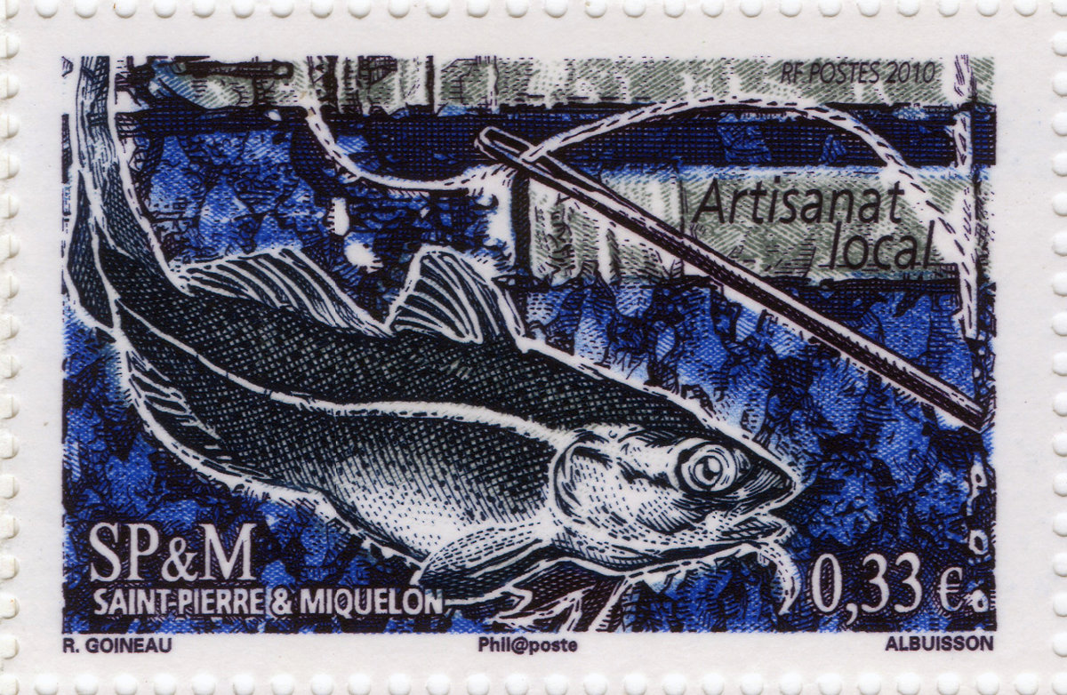 Saint-Pierre et Miquelon. Artisanat local, le cuir de morue, 2010 (création de Raphaële Goineau, gravure de Pierre Albuisson, impression taille-douce) (© Saint-Pierre et Miquelon La Poste / R. Goineau / P. Albuisson)