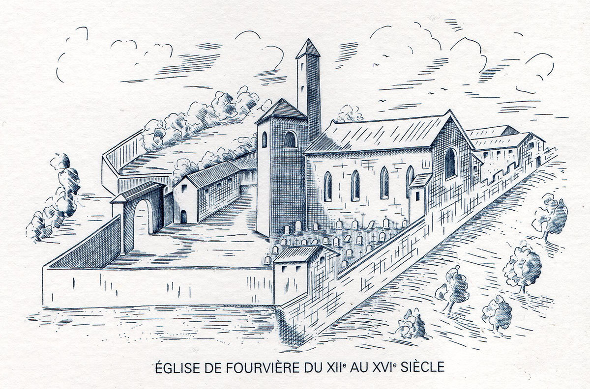 France. Lyon, Notre-Dame de Fourvière, illustration du document philatélique officiel, 1997 (gravure de Guy Vigoureux)  (© La Poste / G. Vigoureux)