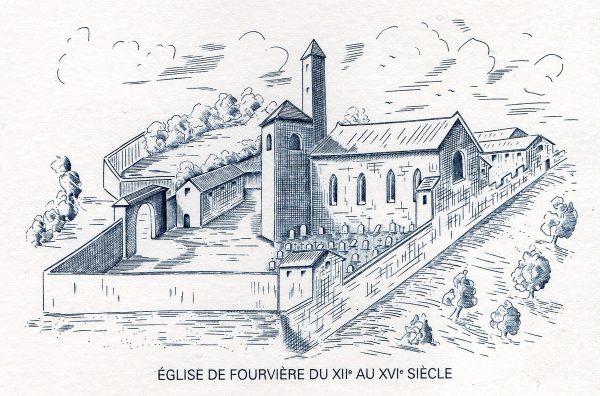 France. Lyon, Notre-Dame de Fourvière, illustration du document philatélique officiel, 1997 (gravure de Guy Vigoureux)  (© La Poste / G. Vigoureux)