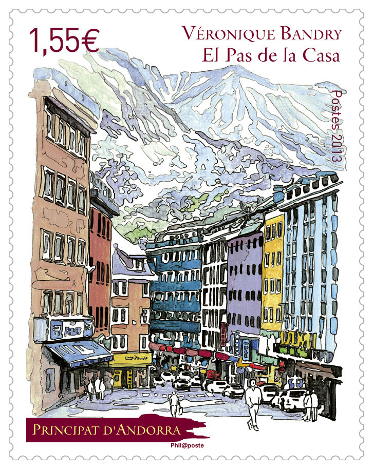 Andorre français : Pas-de-la-Case, 2013 (dessin de Véronique Bandry, impression offset) (© La Poste / V. Bandry)