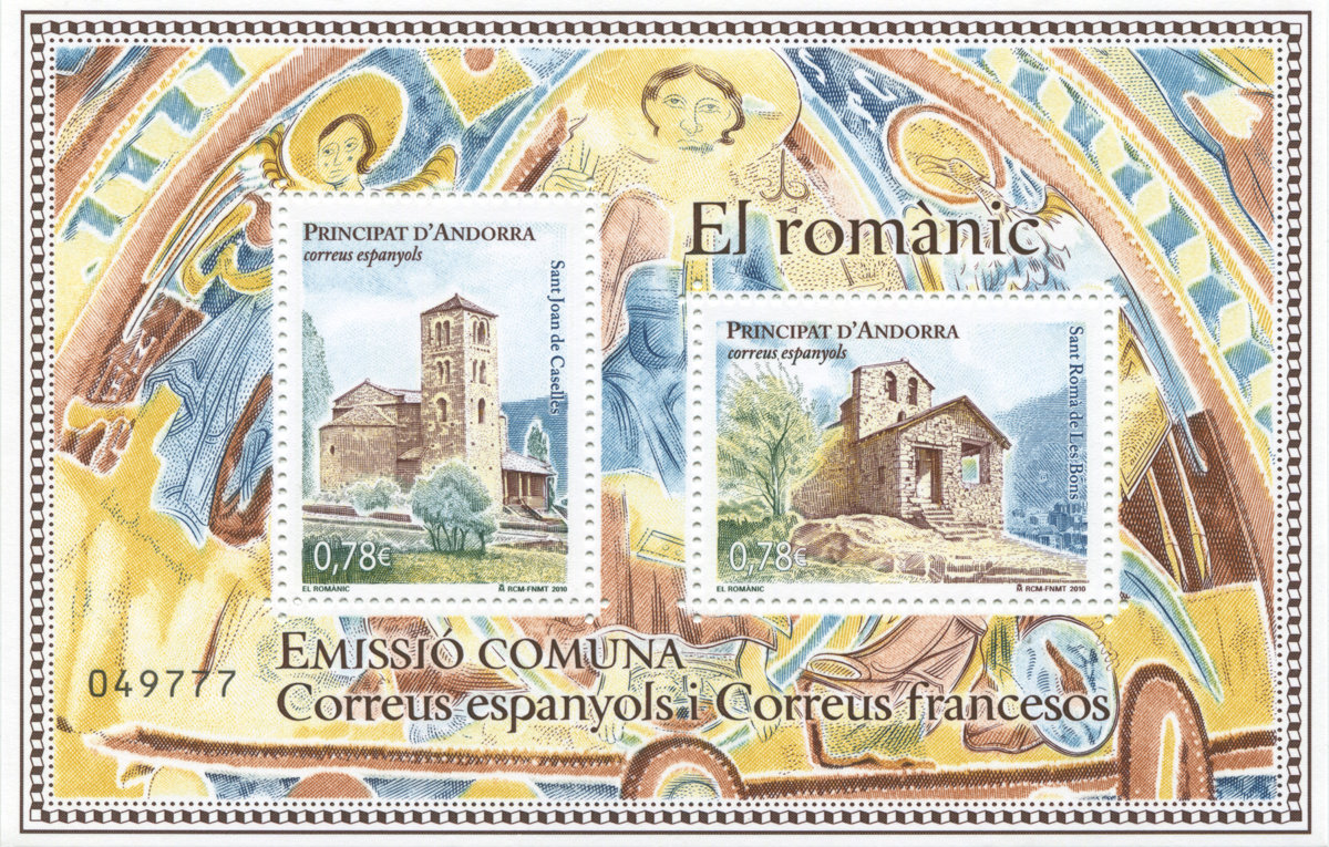 Andorre espagnol : L’art roman, 2010 (création de Sophie Beaujard, gravure d’Yves Beaujard, impression taille-douce, émission conjointe avec Andorre français) (© La Poste / Andorre / S. Beaujard / Y. Beaujard)