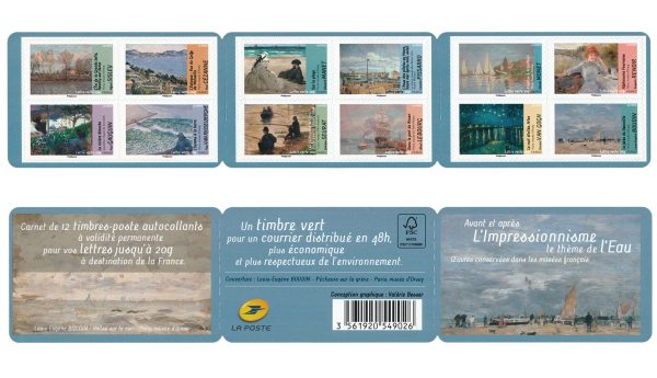 France. Carnet de timbres-poste autoadhésifs, L’Impressionnisme. Tableaux sur le thème de l’eau, 2013 (conception graphique Valérie Besser, impression héliogravure) (© La Poste / V. Besser)