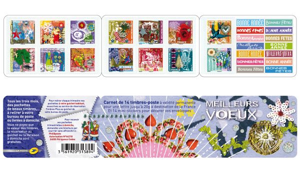 France. Carnet de timbres-poste autoadhésifs Meilleurs vœux, 2010 (création Valérie Besser, impression héliogravure) (© La Poste / V. Besser)