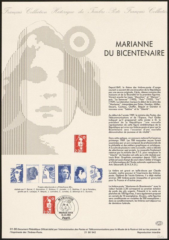 France : Marianne de Briat gravée par Claude Jumelet, document philatélique, et Marianne, non émis, concours 1989 (6 dessins de Marianne, gravure de Claude Durrens, impression taille-douce) (© La Poste / C. Durrens)