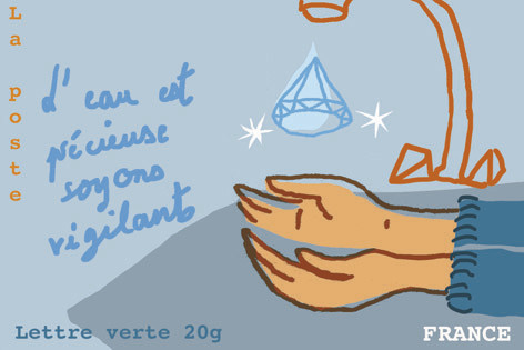 France : Ensemble, agissons pour préserver le climat, 2014 (création de France Dumas, bande carnet de 12 timbres-poste auto-adhésifs, impression héliogravure). L’eau est précieuse, soyons vigilants (projet de timbre) (© La Poste / F. Dumas)