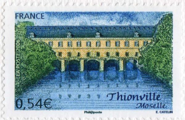 France. Thionville, le pont-écluse sud, 2006 (dessin et gravure d’Elsa Catelin, impression taille-douce) (© La Poste / E. Catelin)