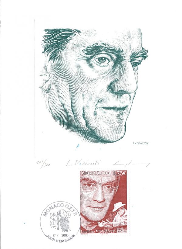 Portrait de Luchino Visconti, gravure de Pierre Albuisson, 2006 (souvenir philatélique) (© P. Albuisson)