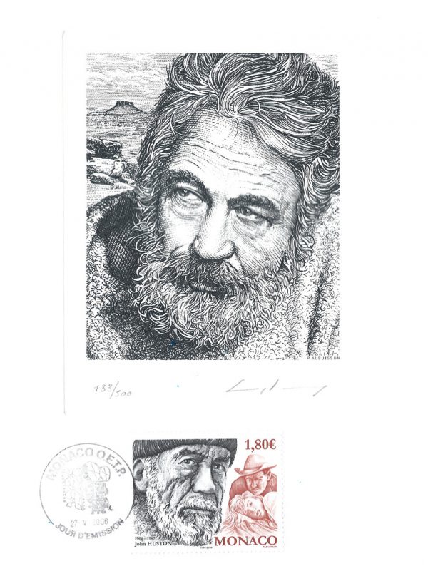 Portrait de John Huston, gravure de Pierre Albuisson, 2006 (souvenir philatélique) (© P. Albuisson)