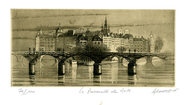 André Lavergne, La passerelle des arts, eau-forte avec aquatinte (© A. Lavergne)