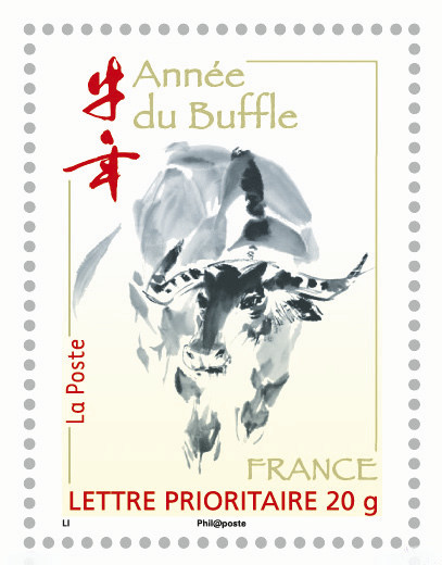 France. Année lunaire chinoise du Buffle, 2009 (création de Zhongyao Li, impression héliogravure) (© La Poste / Z. Li)