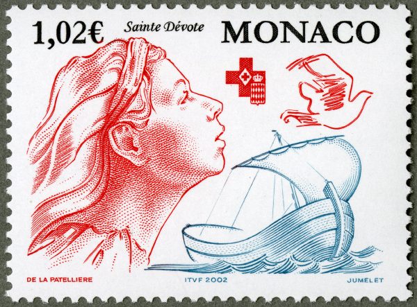 Monaco : Croix-Rouge, Sainte Dévote, 2002 (dessin de Cyril de La Patellière, gravure de Claude Jumelet, impression taille-douce) (© Monaco OETP / C. de La Patellière / C. Jumelet)