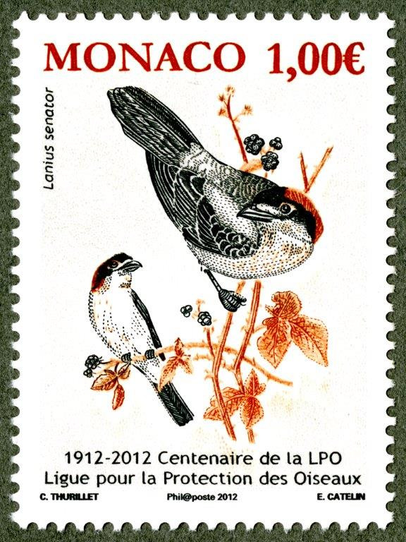 Monaco. Centenaire de la Ligue pour la protection des oiseaux, Pie-grièche à tête rousse, 2012 (dessin de Colette Thurillet, gravure d’Elsa Catelin, impression taille-douce) (© Monaco OETP / C.Thurillet / E. Catelin)