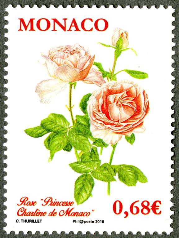 Monaco. Roses « Princesse Charlène » de Monaco, 2015 (dessin de Colette Thurillet, impression héliogravure) Timbre-poste. (© Monaco OETP / C. Thurillet)