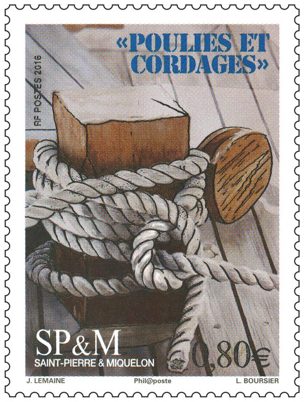 Saint-Pierre et Miquelon, Poulies et cordages, 2016 (dessin de Joël Lemaine, Impression mixte) (© Saint-Pierre et Miquelon La Poste / J. Lemaine)