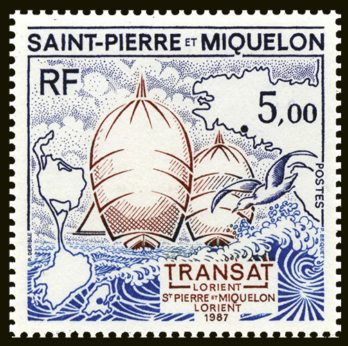 Saint-Pierre et Miquelon : Course transatlantique Lorient – Saint-Pierre et Miquelon – Lorient, 1987 (dessin de Patrick Dérible, gravure de Pierre Béquet, impression taille-douce) (© Saint-Pierre et Miquelon La Poste / P. Dérible / P. Béquet)