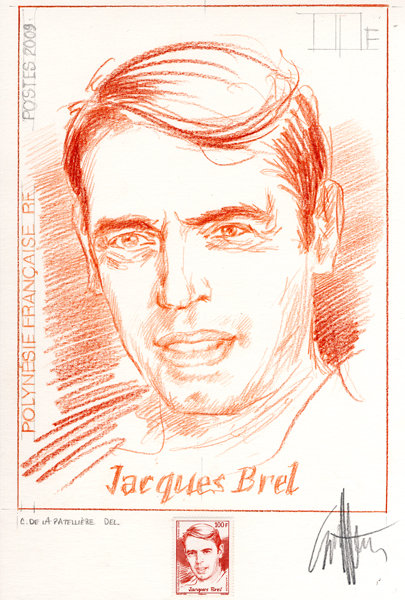 Projet de timbre-poste Jacques Brel pour La Polynésie française dessinés par Cyril de La Patellière (Collection Musée de La Poste, Paris) (© La Poste / Musée de La Poste / C. de La Patellière)