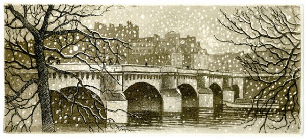 André Lavergne, Le Pont-neuf sous la neige, eau-forte avec aquatinte (© A. Lavergne)