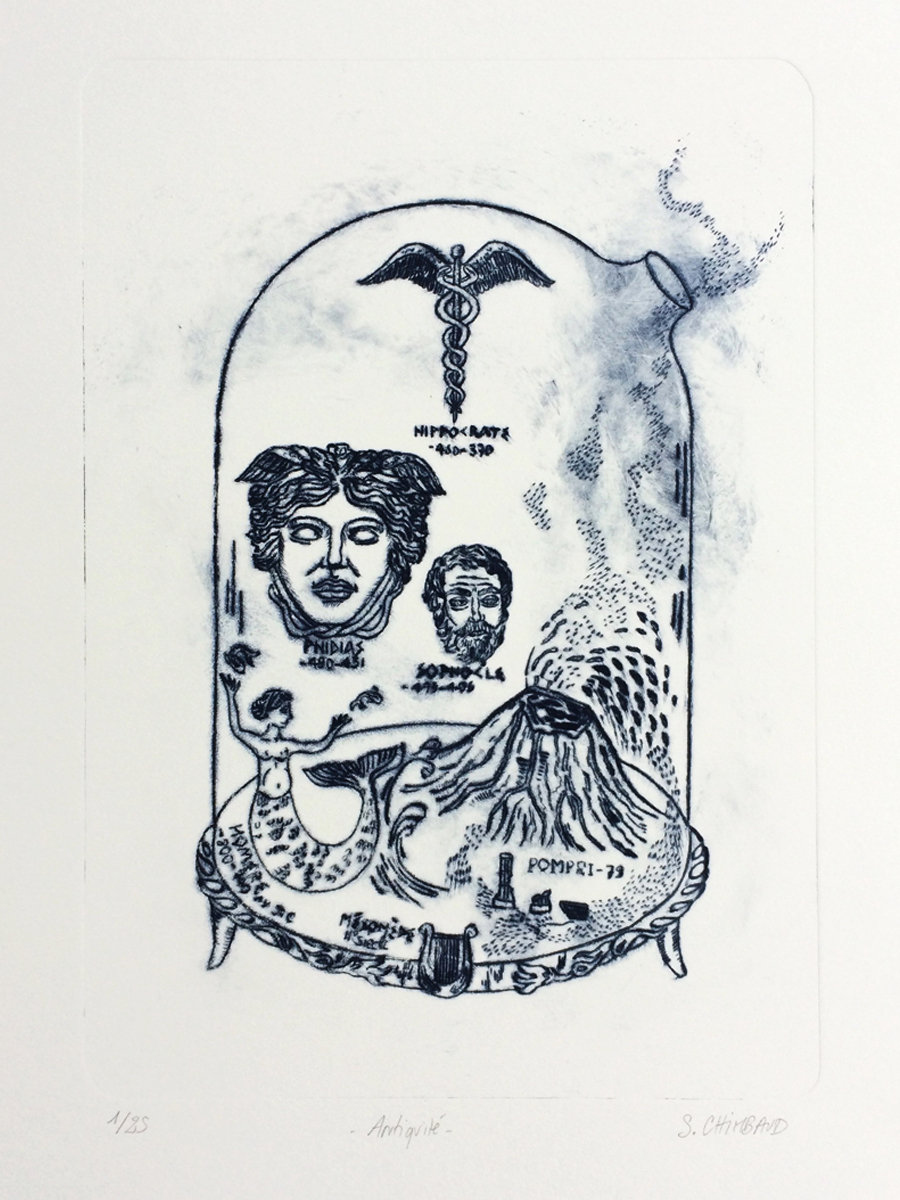 Sandrine Chimbaud, Antiquité, pointe sèche sur plaque de rénalon, 2017 (© S. Chimbaud)