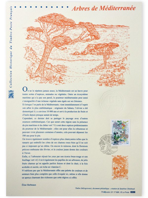 Euromed Postal. Arbres de la Méditerranée, document philatélique officiel, 2017 (Illustration de Sandrine Chimbaud) (© La Poste / S. Chimbaud)