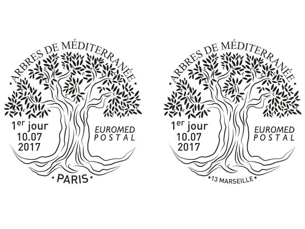 Euromed Postal. Arbres de la Méditerranée, timbre à date, Paris et Marseille, 2017 (Dessin de Sandrine Chimbaud) (© La Poste / S. Chimbaud)