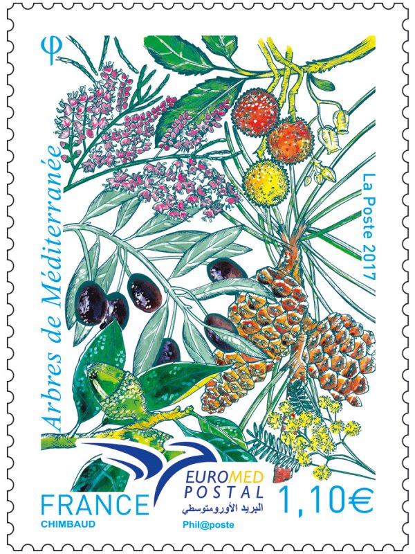 France. Euromed Postal. Arbres de la Méditerranée, 2017 (création de Sandrine Chimbaud, impression héliogravure) (© La Poste / S. Chimbaud)