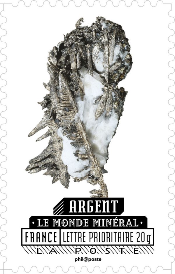 France. Le monde minéral, carnet de 12 timbres autoadhésifs, 2016 (conception graphique et typographie de Sylvie Patte et Tanguy Besset, d’après photos musée de minéralogie Mines Paris Tech, impression héliogravure) (© La Poste / S. Patte et T. Besset)