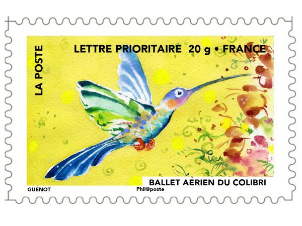 France : Fête du timbre. Le timbre fête l’air. Ballet aérien du colibri, 2013 (Conception de Christelle Guénot, carnet de timbres autoadhésifs, impression héliogravure (© La Poste / C. Guénot)