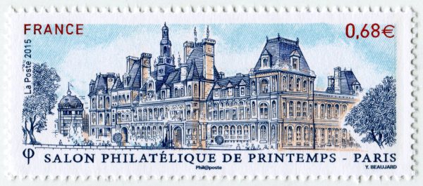 France. Salon philatélique de printemps-Hôtel de ville de Paris, 2015 (dessin et gravure d’Yves Beaujard, impression taille-douce) (© La Poste / Y. Beaujard)