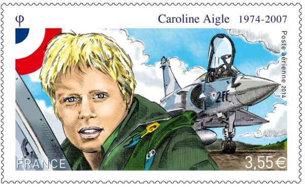France. Caroline Aigle, timbre de poste aérienne, 2014 (dessin de Pierre-André Cousin, gravure de Pierre Albuisson, impression mixte taille-douce et offset) (© La Poste / PA. Cousin)