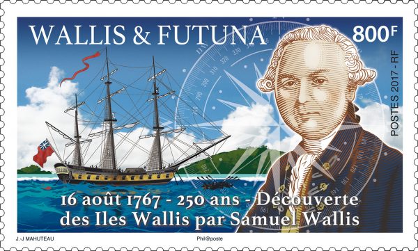 Wallis et Futuna : 16 août 1767, Découverte des îles Wallis par Samuel Wallis, 2017 (création de Jean-Jacques Mahuteau, impression offset) (© Wallis et Futuna / JJ.Mahuteau)