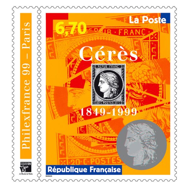 France. Philexfrance 99. 150ème anniversaire du premier timbre-poste français, 1999 (création d’Aurélie Baras d’après le 20 c noir République de Jacques-Jean Barre, impression héliogravure, visage de Cérès en hologramme) (© La Poste / A. Baras)