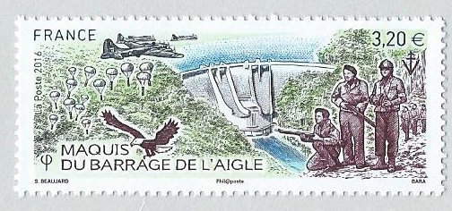 France. Barrage de l’Aigle, 2016(création de Sophie Beaujard, gravure de Pierre Bara, impression taille-douce) (© La Poste / S. Beaujard / P. Bara)