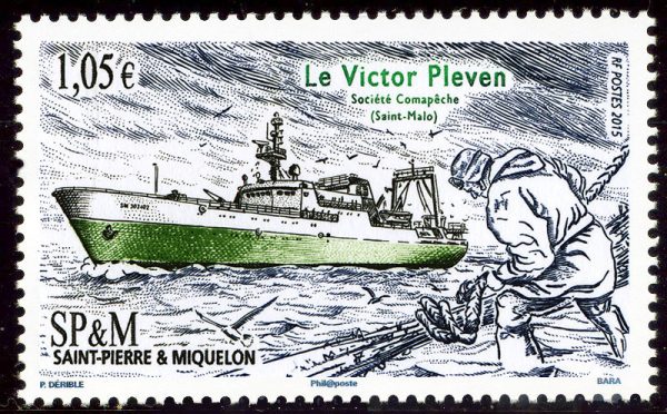 Saint-Pierre et Miquelon, Le Victor Pleven, 2015 (dessin de Patrick Dérible, gravure de  Pierre Bara, impression taille-douce) (© SPM / P. Dérible / P. Bara)