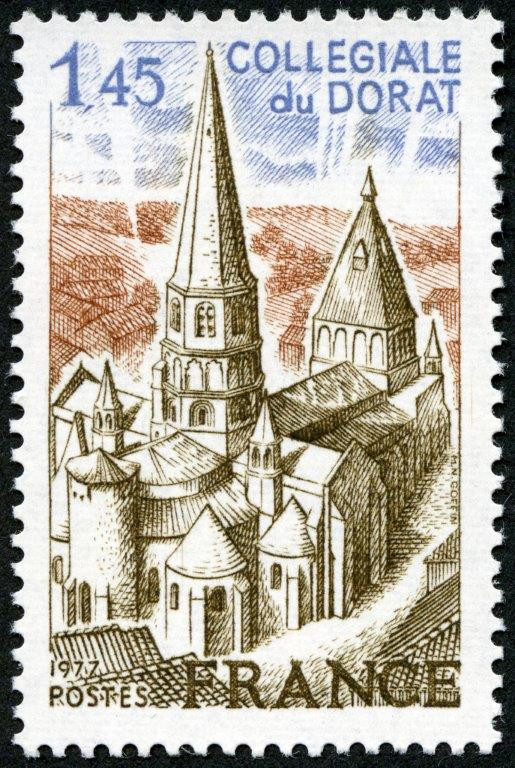 France. Collégiale du Dorat, Limousin, 1977 (dessin et gravure de Marie-Noëlle Goffin, impression taille-douce) (© La Poste / MN. Goffin)