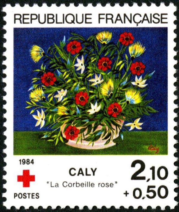 France : Croix-Rouge. Caly, la corbeille rose, 1984 (dessin de Jean-Paul Véret-Lemarinier, d’après une œuvre de Caly, impression héliogravure) (© La Poste / JP. Véret-Lemarinier / Caly)