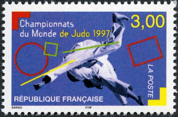 France. Championnats du monde de judo, 1997 (création d’Aurélie Baras d’après une photographie de la Fédération française de judo, impression héliogravure) (© La Poste / A. Baras)