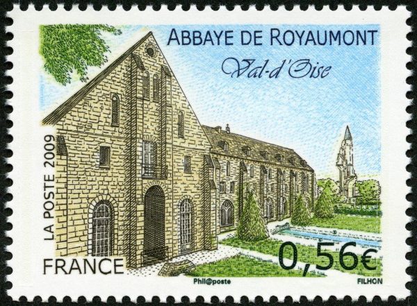 France. Abbaye de Royaumont, Val d’Oise, 2009 (conception et gravure de Line Filhon, impression taille-douce) Timbre-poste (© La Poste / L. Filhon)