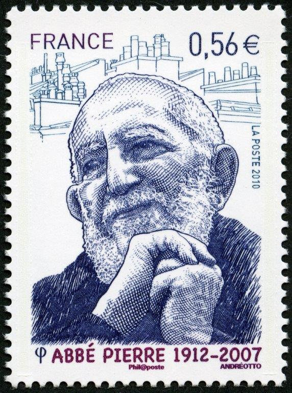 France: Abbé Pierre, founder of Emmaus, 2010 (drawing and engraving by Claude Andréotto, intaglio print) (© La Poste / C. Andréotto)