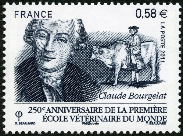 France : 250ème anniversaire de la première école vétérinaire du monde, Claude Bourgelat, 2011 (dessin de Sophie Beaujard, gravure d’Yves Beaujard) (© La Poste / S. Beaujard / Y. Beaujard)