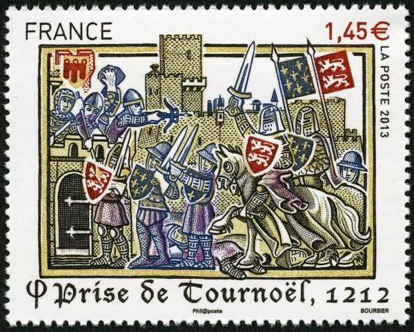 France. Les grandes heures de l’histoire de France. Prise de Tournoël, 1212, bloc-feuillet de deux timbres, 2013 (création et gravure de Louis Boursier, impression taille-douce) (© La Poste / L. Boursier)