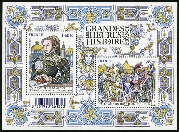 France. Les grandes heures de l’histoire de France. Catherine de Médicis et le camp du Drap d’or, bloc-feuillet de deux timbres, 2016 (création et gravure de Louis Boursier, impression taille-douce). Trophée du Timbre 2016. Prix spécial taille-douce. (© La Poste / L. Boursier)