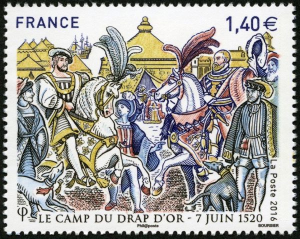 France. Les grandes heures de l’histoire de France. Le camp du Drap d’or, 2016 (création et gravure de Louis Boursier, impression taille-douce). Trophée du Timbre 2016. Prix spécial taille-douce. (© La Poste / L. Boursier)