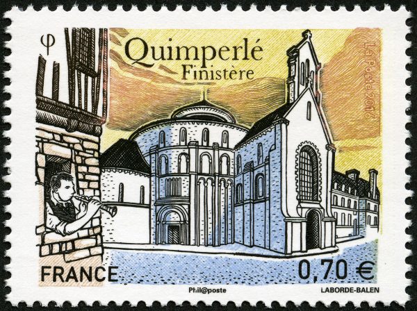 Quimperlé, Finistère, 2016  (dessin et gravure de Christophe Laborde-Balen, impression taille-douce) (© La Poste / C. Laborde-Balen)