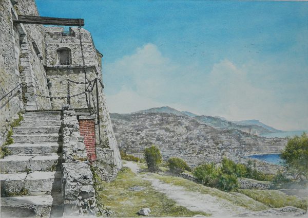 Bernard Alunni et Marie-Christine Lemayeur, Fort du Mont-Alban pour le livre « Sur les sentiers du littoral de la Côte d’Azur », éditions Mémoires Millénaires, aquarelle, 2015 (© Alunni-Lemayeur)