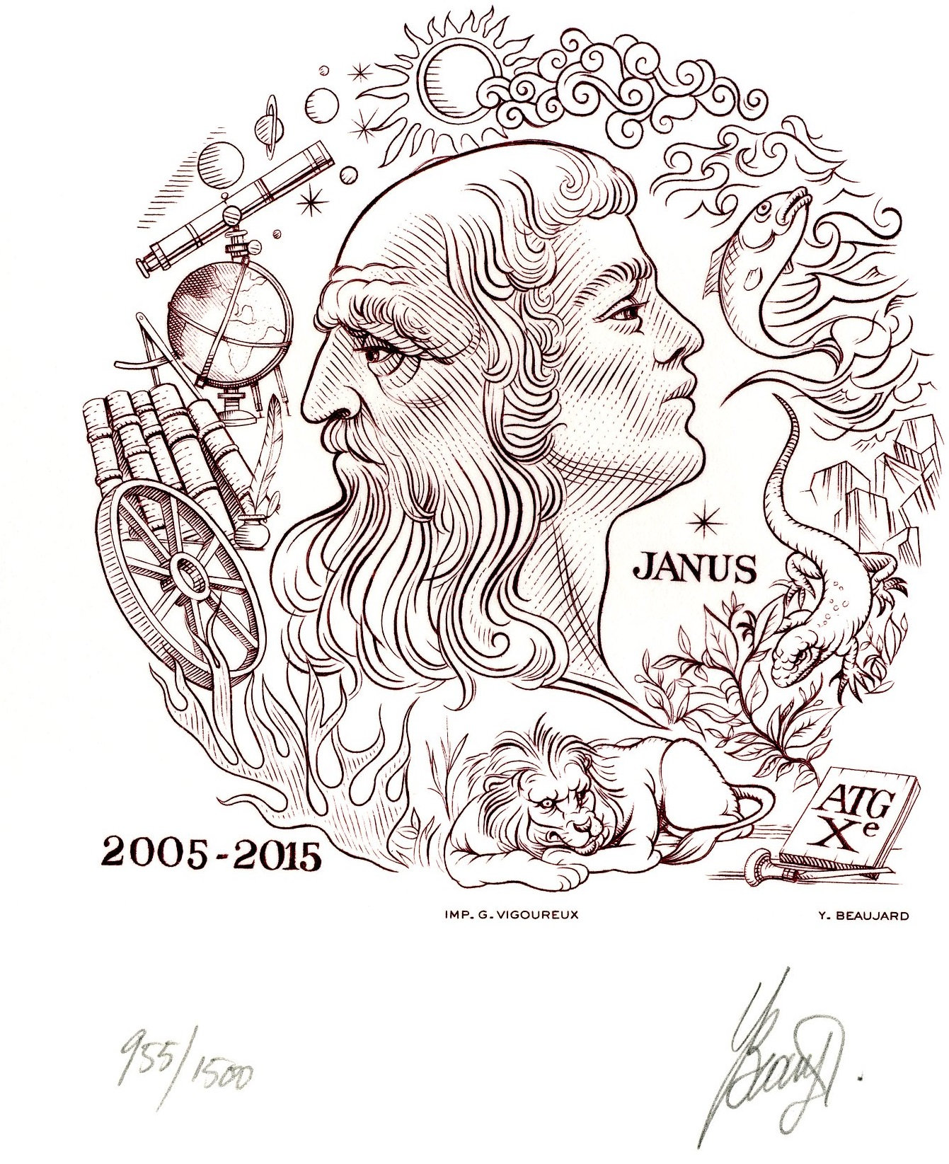 10 ans de l'ATG, Janus, gravure n° 18 - 2015 (dessin et gravure : Beaujard Yves)